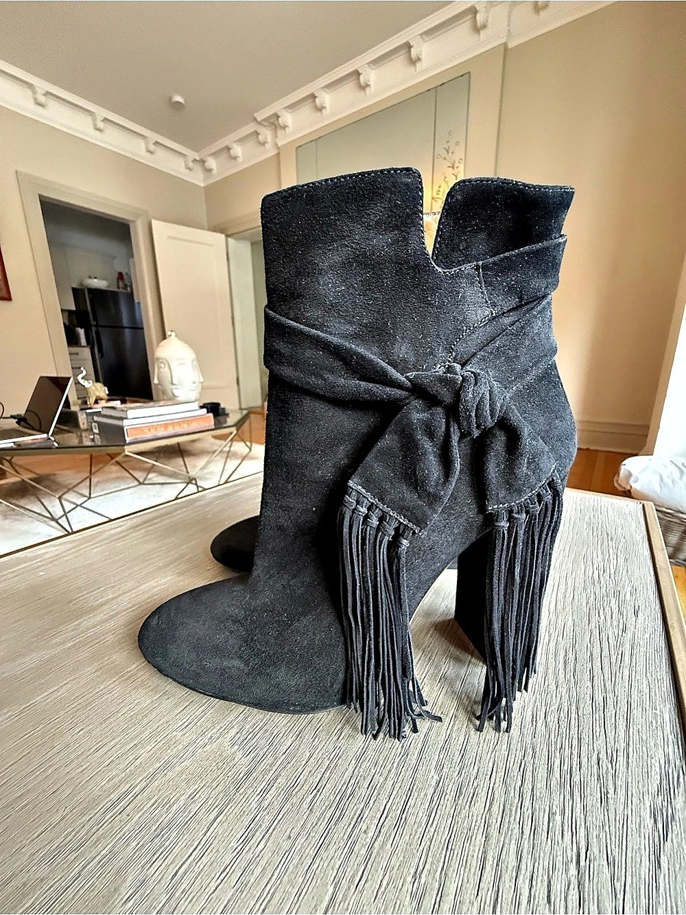 Aquazzura Mustang 105 Fringe Heeled Ankle Boots Black EU 39.5